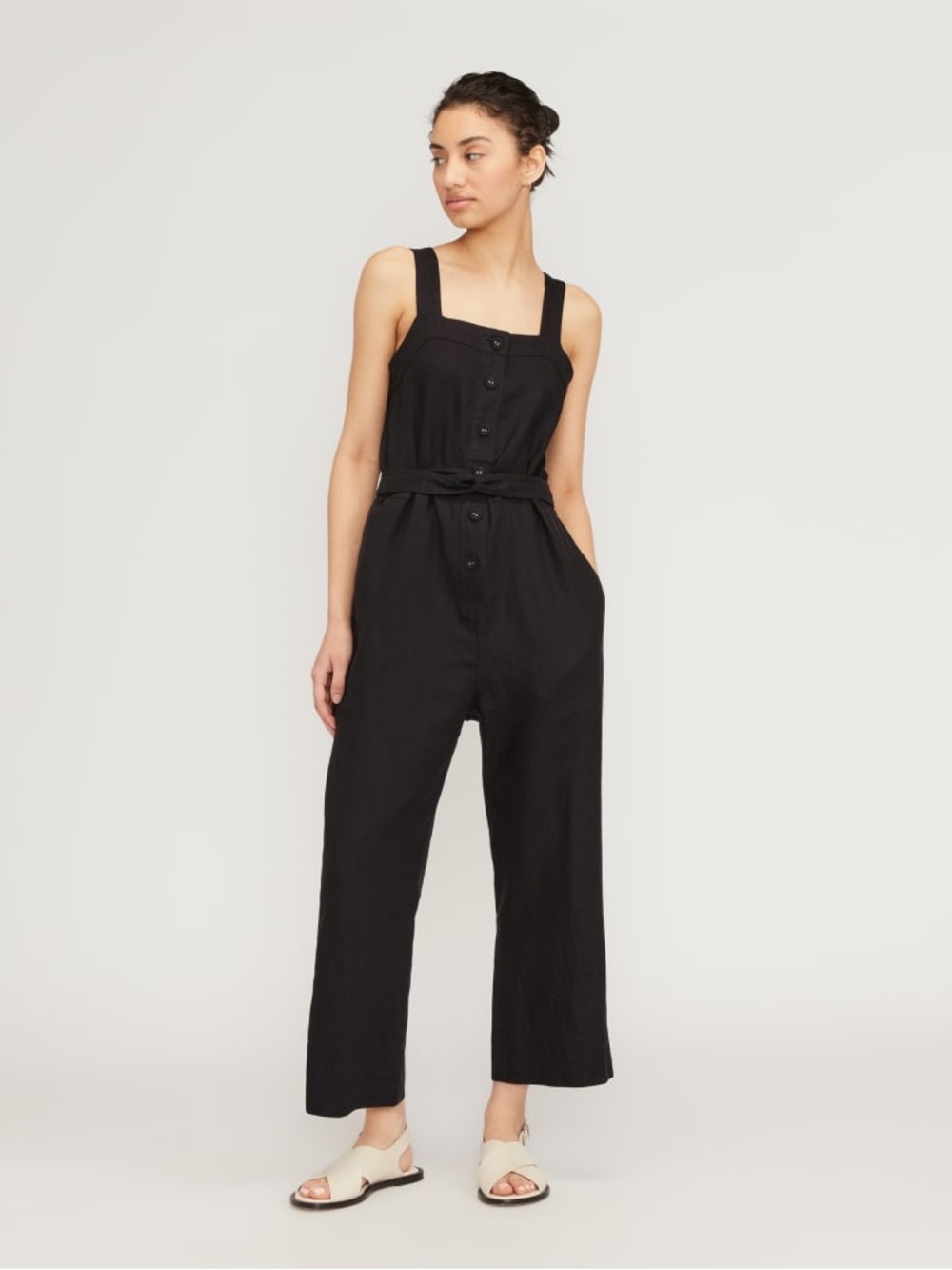 NWT Everlane Womens Black Button-Front Wide Leg Jumpsuit 100% Linen